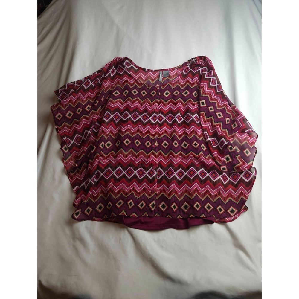 New Directions Weekend Top Womens Large Red Geometric Poncho Cape Flowy Chiffon